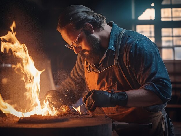 A confident man working with fire skillfully crafting metal