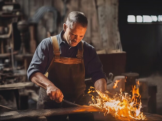 A confident man working with fire skillfully crafting metal