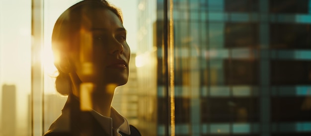 A confident manager gazes intently through the window The background with blurred skyscrapers