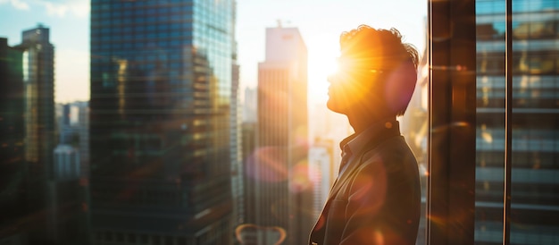 A confident manager gazes intently through the window The background with blurred skyscrapers