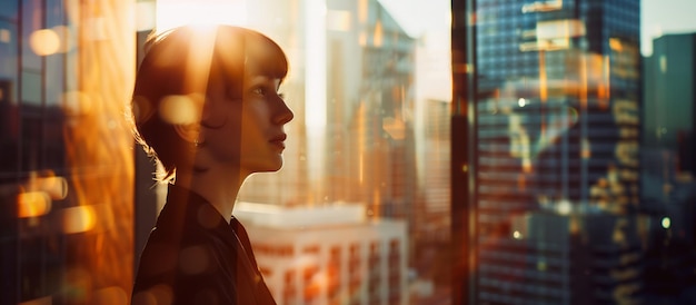 A confident manager gazes intently through the window The background with blurred skyscrapers