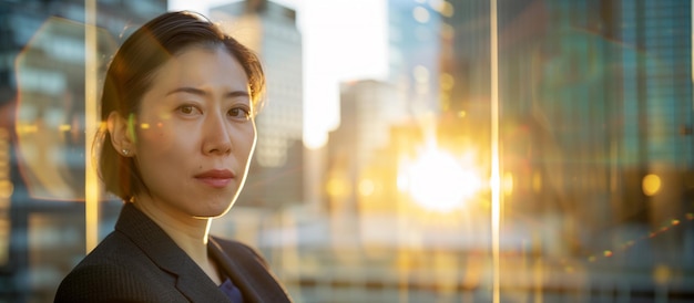 A confident manager gazes intently through the window The background with blurred skyscrapers