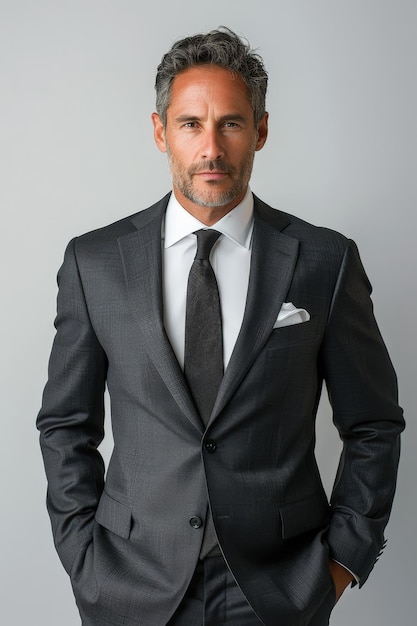 A confident mature businessman wearing a dark suit and tie standing with hands in pockets against a neutral background