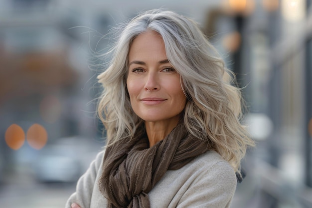 Confident Mature Caucasian Woman with Gray Hair and Scarf Standing Outdoors in a Casual Outfit