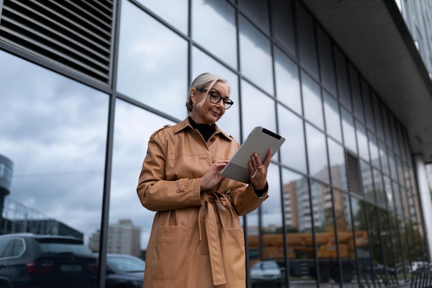 Confident mature female freelancer with gray hair in glasses standing with a tablet in her hands