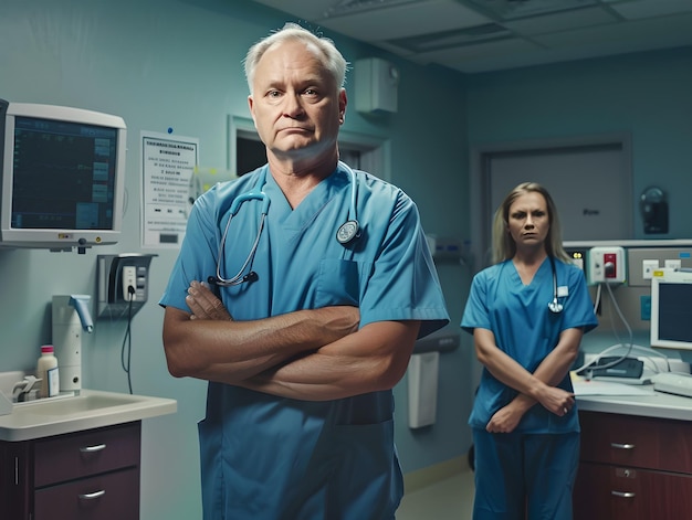 Confident Mature Male Doctor Standing with Arms Crossed in Hospital Room Female Nurse in Background Healthcare Professionals at Work Generative AI