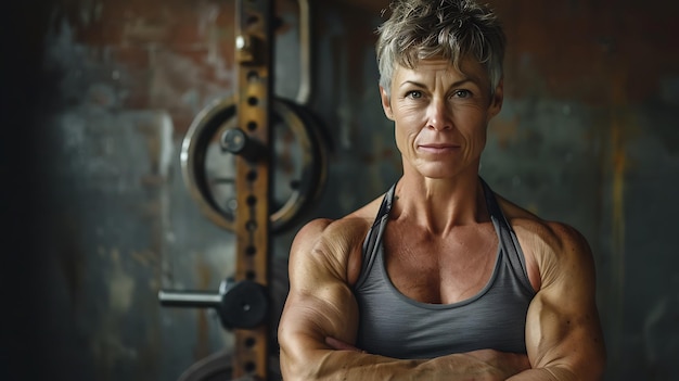 Photo confident mature woman in sportswear posing her muscle