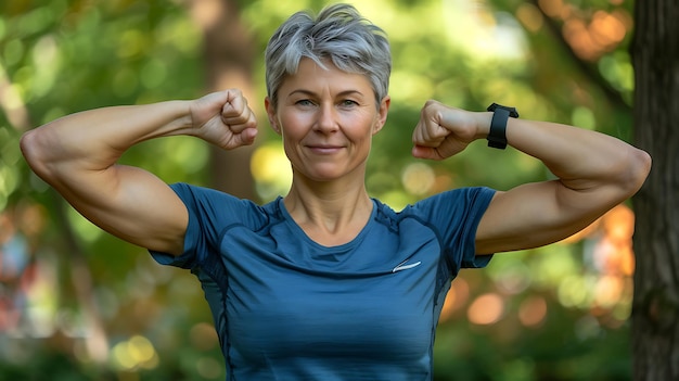 Photo confident mature woman in sportswear posing her muscle