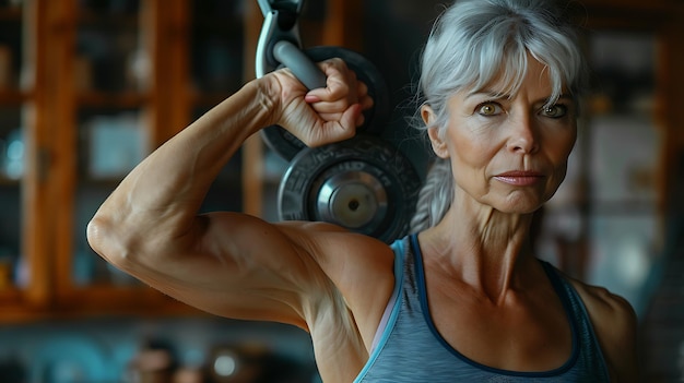 Confident mature woman in sportswear posing her muscle