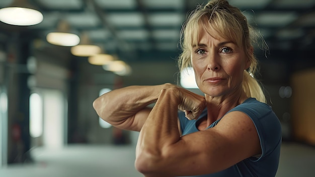 Photo confident mature woman in sportswear posing her muscle