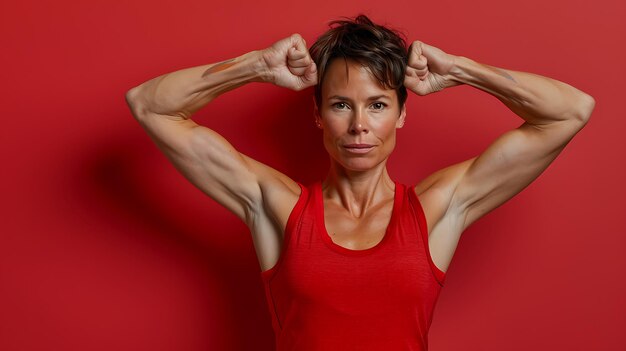 Photo confident mature woman in sportswear posing her muscle