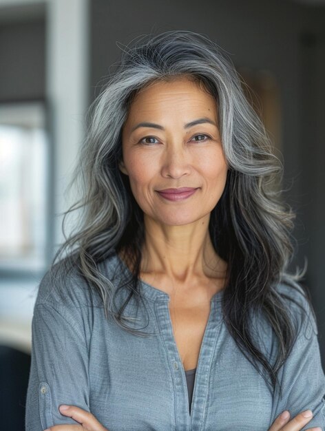 Confident Mature Woman with Gray Hair Smiling Indoors