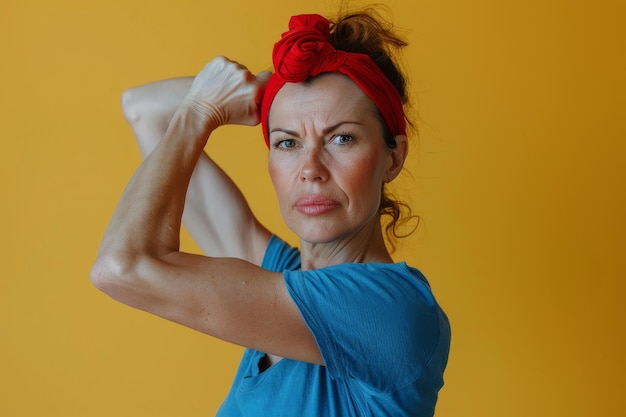 Photo confident mature woman with red headband against yellow background