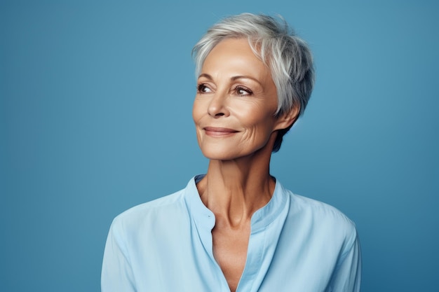 Confident mature woman with short gray hair on blue background