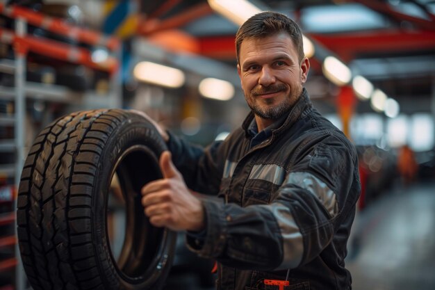 confident mechanic with stubble wearing a black and grey work uniform