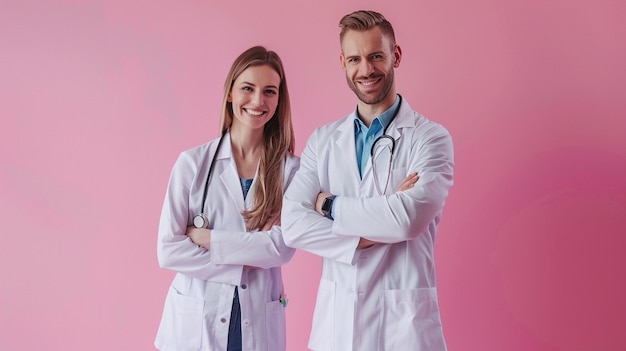 Confident Medical Professionals in White Coats Against Pink Background