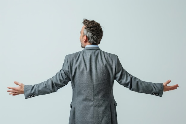 Photo confident middle aged businessman in stylish gray suit smiling