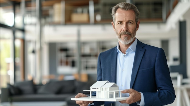 Photo confident middleaged man in a blue suit holding a model house standing in a modern home interior