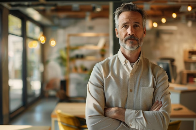 Photo confident middleaged man with arms crossed in office