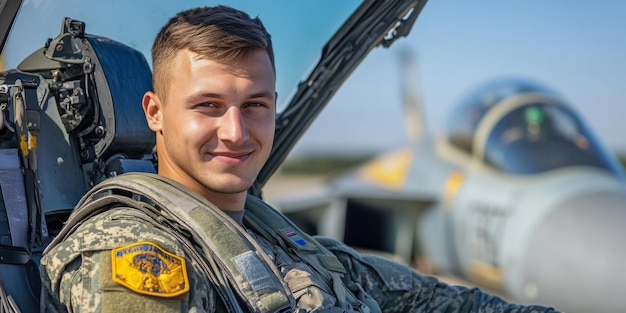 Photo a confident military pilot smiles while seated in an aircraft cockpit the bright sun provides a clear view of the fighter jet behind him this image captures bravery and skill ai