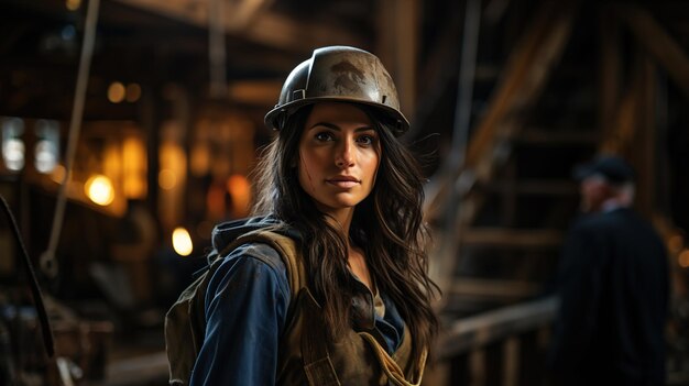 Confident Modern Woman Engineer with Long Black Hair in Safety Helmet on Construction Site