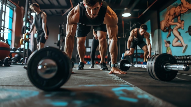 Confident muscular man preparing to lift barbell in the gym Determined male