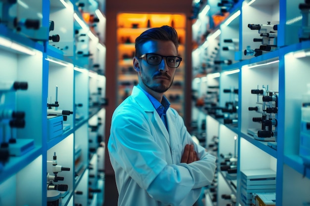 Confident optometrist standing in modern laboratory surrounded by microscopes