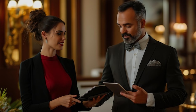 Photo confident owner of luxurious hotel giving instructions to chambermaid while pointing at tablet scre