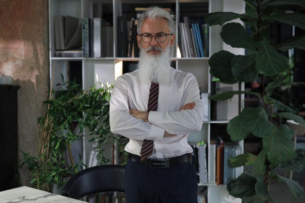 Confident pensive mature business man in modern office