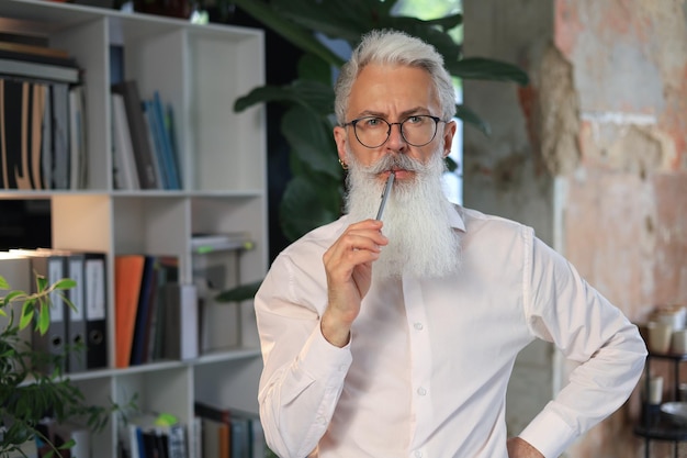 Confident pensive mature business man in modern office