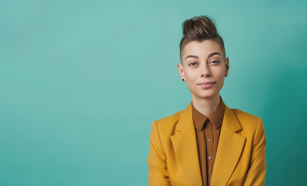 Photo confident person with stylish short hair wearing yellow blazer and brown shirt against turquoise background poised expression and modern fashion sense