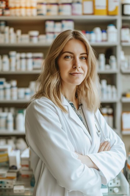 Photo confident pharmacist stands in a wellorganized pharmacy surrounded by shelves of various