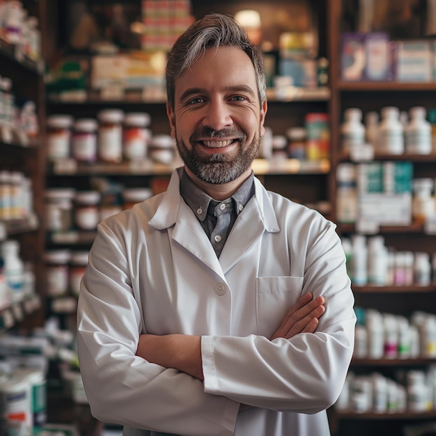 Photo confident pharmacist stands in wellorganized pharmacy surrounded by various medications he is