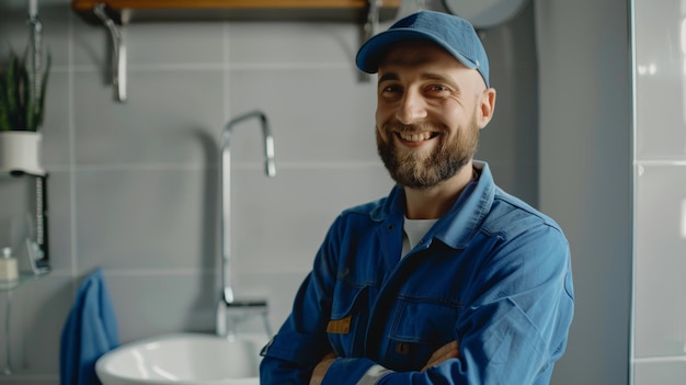 Photo confident plumber in uniform smiling with arms crossed in a modern bathroom ready for repair or main