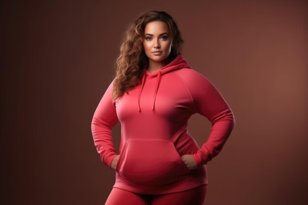 Photo confident plus size model in stylish red athleisure wear