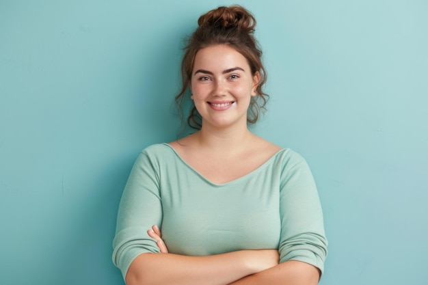 Photo confident plus size woman with cheerful pose