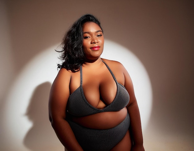 Confident PlusSize Woman in Swimsuit against White Studio BackgroundxAxA