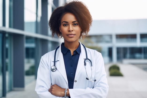 Confident and poised medical and health services manager in a power suit standing in front