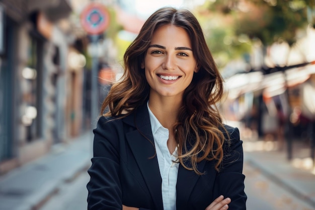 Confident professional businesswoman smiling outdoors on street with crossed arms