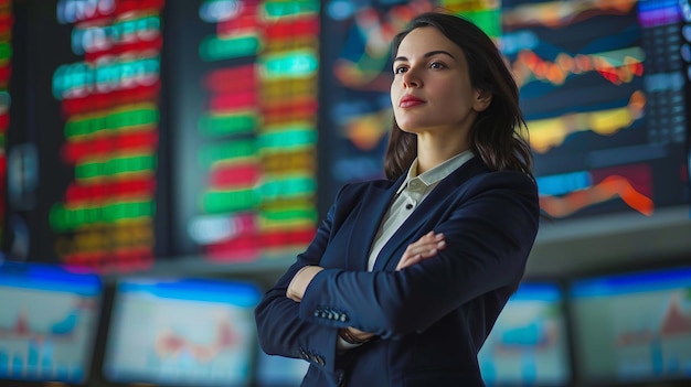 Confident professional woman in business suit observing stock market trends