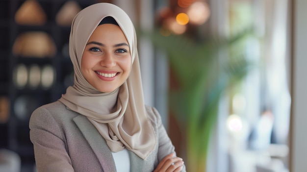 Confident professional woman in hijab smiling in office setting with copy space