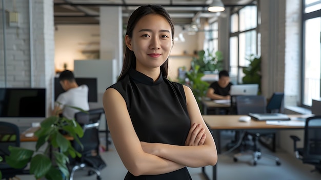 Confident Professional Woman at Modern Office Space Casual Business Style Marketing Branding Specialist Portrait Teamwork in the Background AI