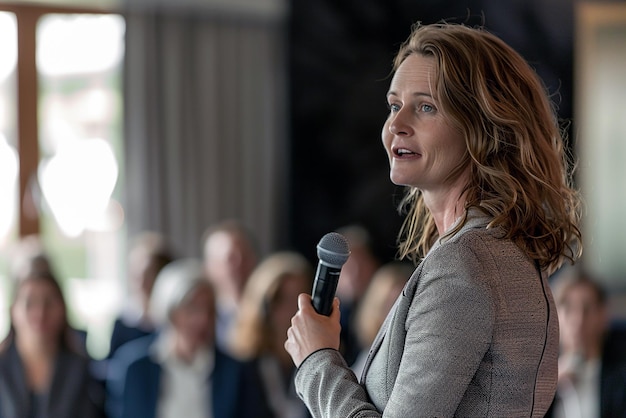 Photo confident professional woman presenting at a conference with dslr camera