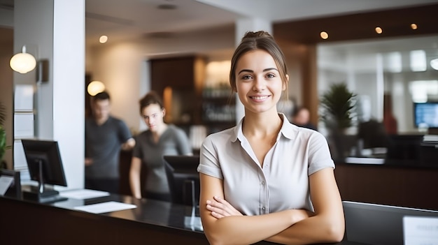 A confident receptionist at the front desk welcoming demeanor confident receptionist front desk welcoming demeanor