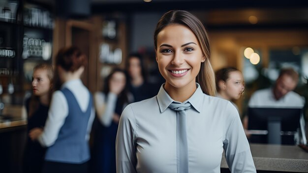 A confident receptionist at the front desk welcoming demeanor confident receptionist front desk welcoming demeanor