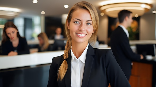 A confident receptionist at the front desk welcoming demeanor confident receptionist front desk welcoming demeanor