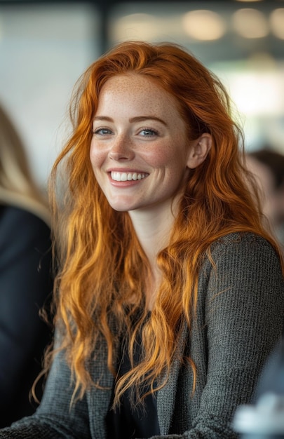 Photo confident redhaired businesswoman presenting ideas to colleagues in a modern office setting