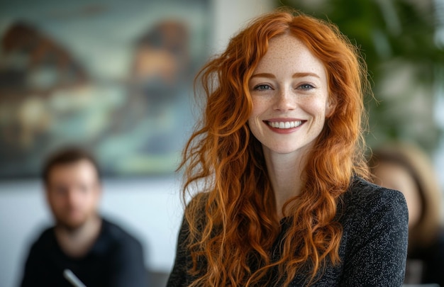 Photo confident redhaired businesswoman presenting ideas to colleagues in a modern office setting