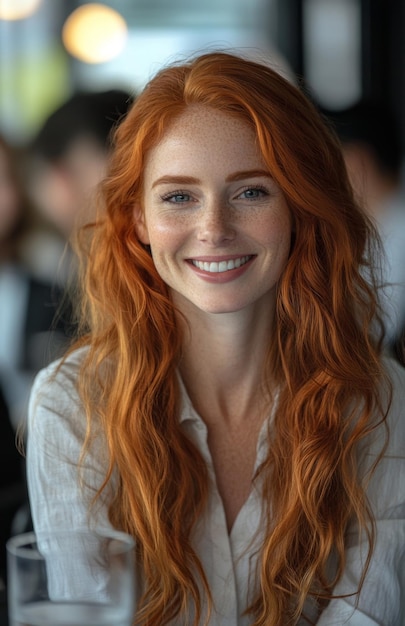 Photo confident redhaired businesswoman presenting ideas to colleagues in a modern office setting