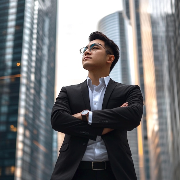 Confident rich business man standing in modern big city looking and dreaming of future Success